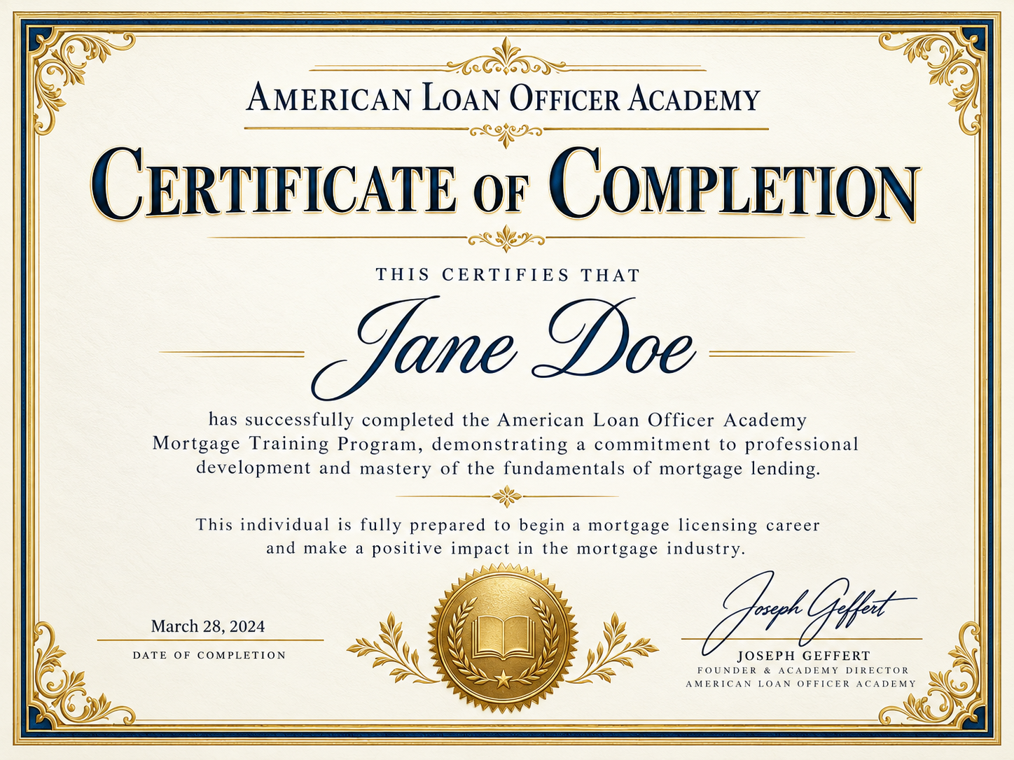 Illustrative American Loan Officer Academy Certificate of Completion made out to Jane Doe