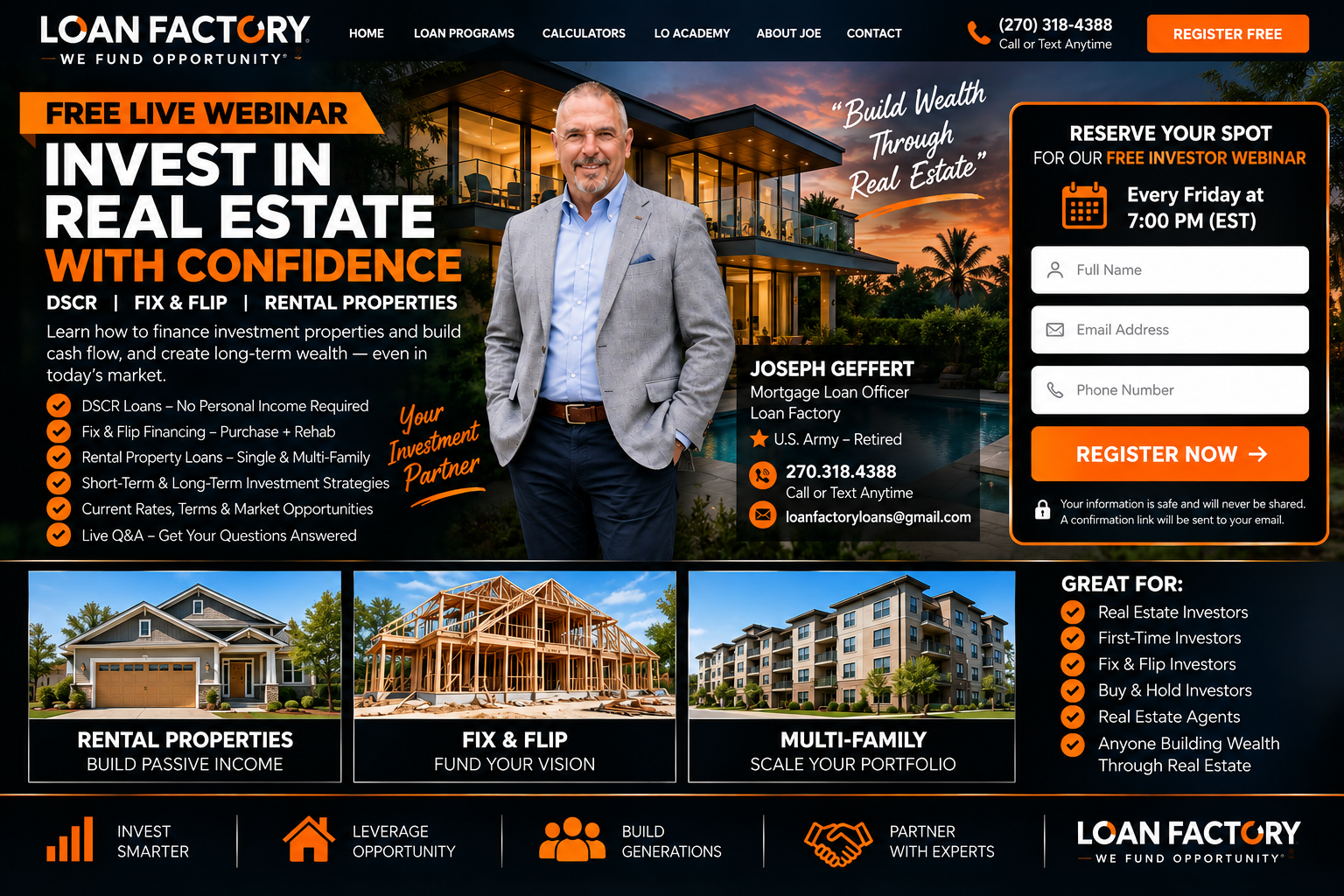 Loan Factory free investor webinar with Joseph Geffert covering DSCR, fix and flip and rental property financing